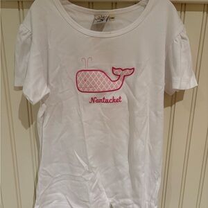 White Short Sleeve Top with Nantucket and Pink Whale Logo
